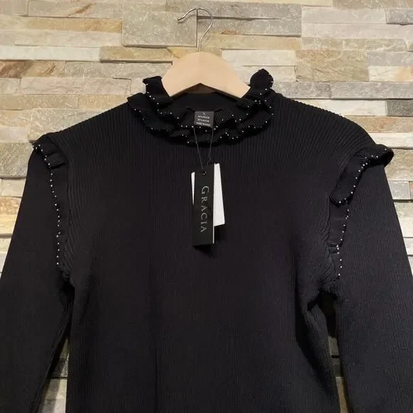 Gracia Stud Trim Ruffle Neck Black Sweater L | Y2K Glam, Beaded Holiday Knit NWT - Picture 6 of 6